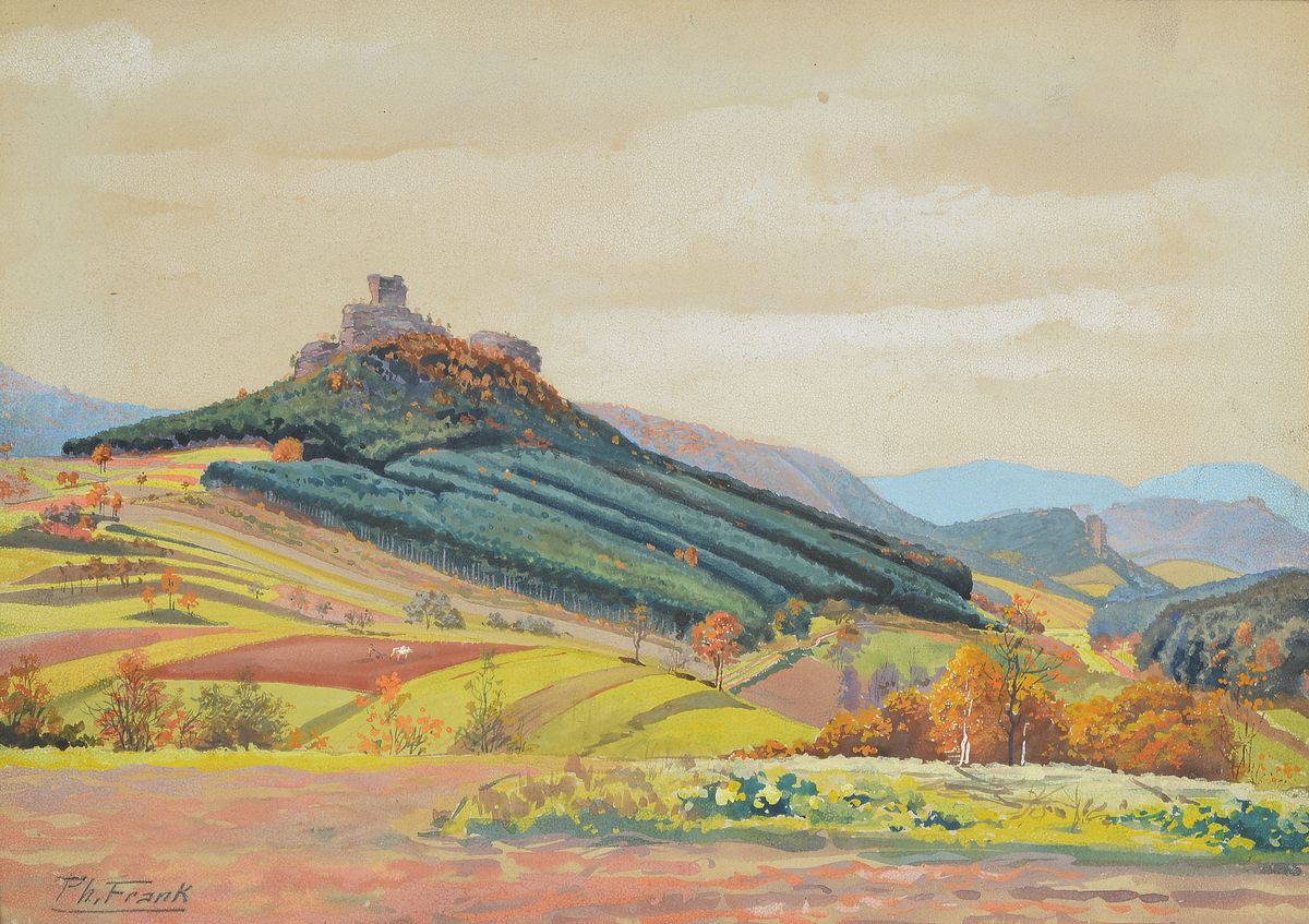 Philipp Frank, 1871 Godramstein-1944 Queichheim, Blick auf die Burg Drachenfels, Aquarell auf Papier, links unten signiert, ca. 23x33cm, u.Gl., R.