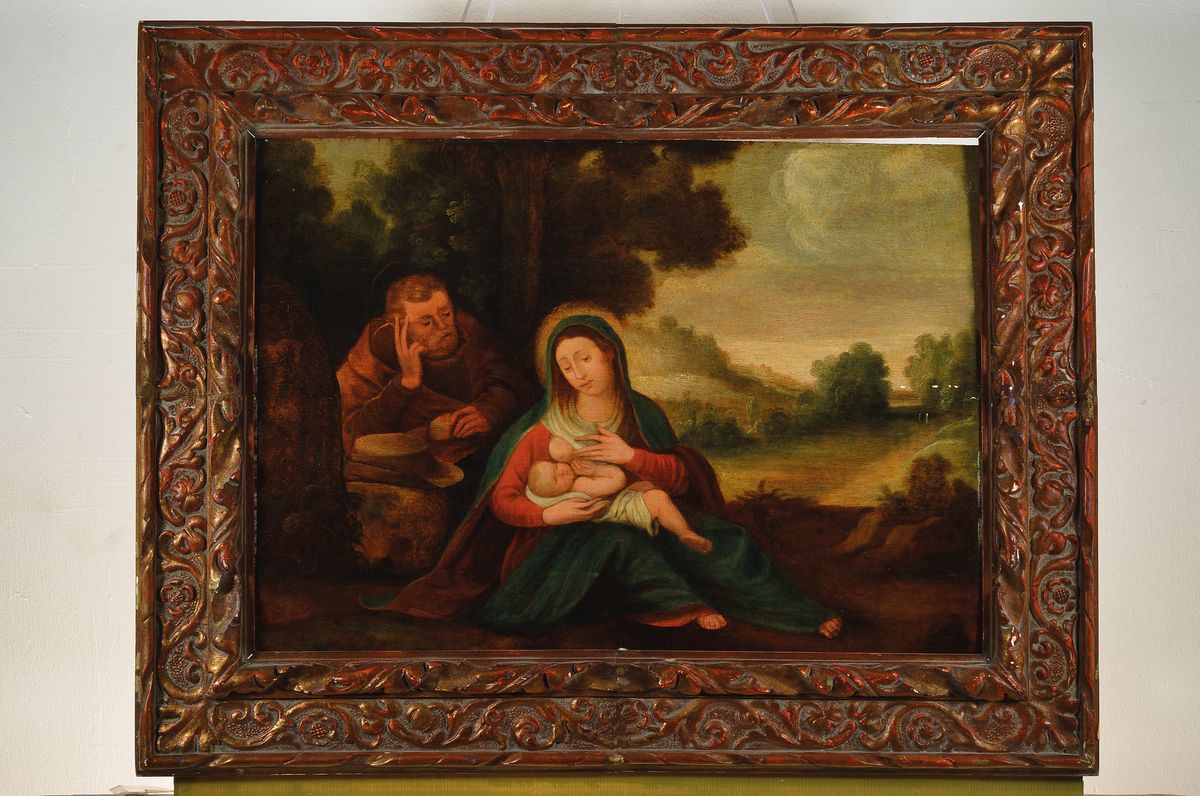 Detail k: Unbekannter Meister, wohl Niederlande, um 1680/1720, "Die Heilige Familie", Öl/Holz, lasierende Malerei, ältere Restaurierung, kleine ...