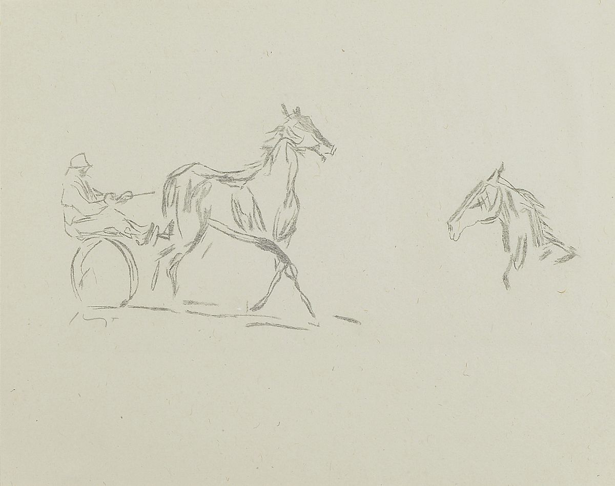Max Slevogt, 1868-1932, 2 Lithographien, auf der Rennbahn und Traber im Sulky, beide handsigniert, je ca. 18x27cm/47x57cm bzw. 25x31cm/47x57cm