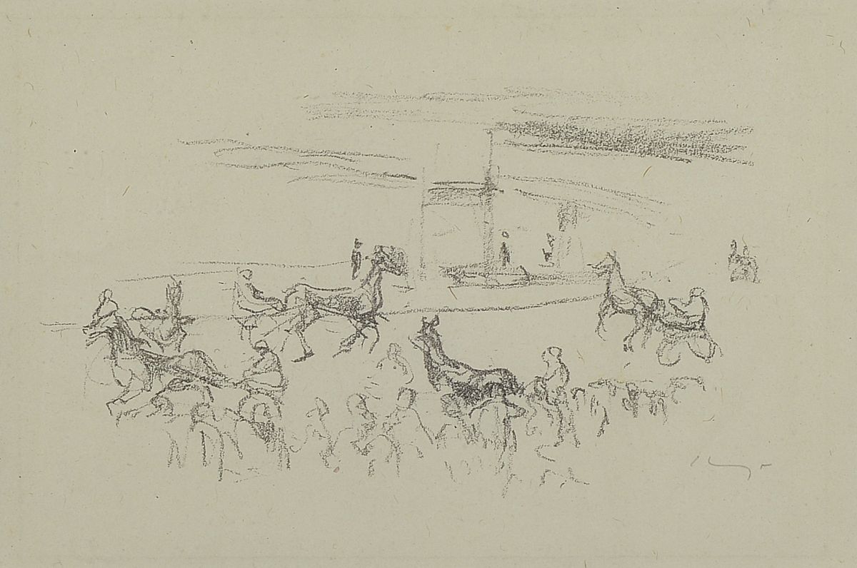 Detail b: Max Slevogt, 1868-1932, 2 Lithographien, auf der Rennbahn und Traber im Sulky, beide handsigniert, je ca. 18x27cm/47x57cm bzw. 25x31cm/47x57cm
