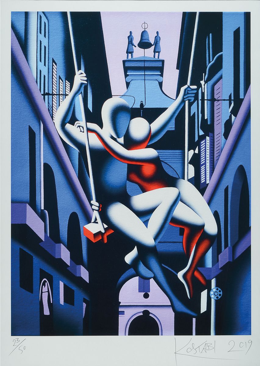 Mark Kostabi, geb. 1960, Echoes of the present, Gicleedruck von 2019, handsigniert, num. 23/50, ca. 60x45cm, PP, u.Gl., R. ca. 98x68cm