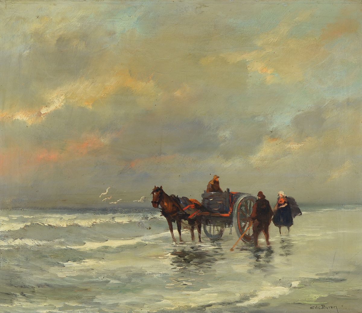 Cornelius de Bruin, 1870-1940, Crevettenfischer, Öl/Lwd, re. u. signiert, leichte Altersschäden, ca. 55 x 65 cm, schöner antiker Prunkrahmen, ...