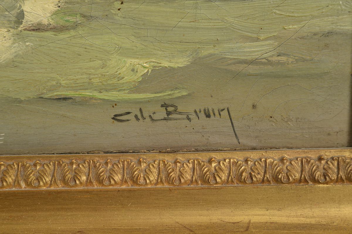 Detail a: Cornelius de Bruin, 1870-1940, Crevettenfischer, Öl/Lwd, re. u. signiert, leichte Altersschäden, ca. 55 x 65 cm, schöner antiker Prunkrahmen, ...