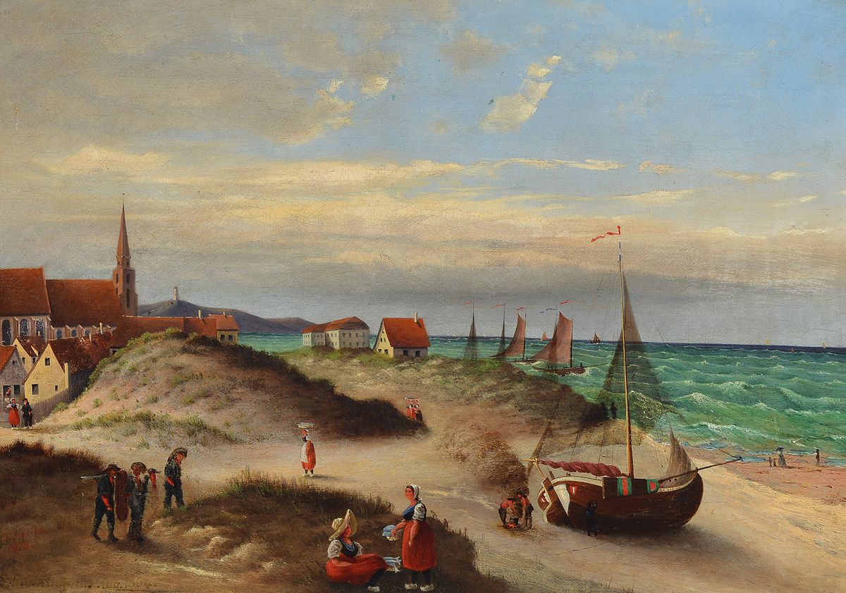Detail b: F. Kölitz, dat. 1870, zwei Gemälde, Ostende August 1862 und Scheveningen August 1864, beide in rot signiert und dat. 1870 und 1875, Öl/Lwd, ca. ...