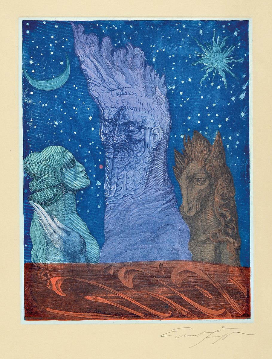 Ernst Fuchs, 1930-2015, 4 Grafiken: Agnus Mysticus, 1519/5000, Folienprägung, 62 x 49 cm PP Ausschnitt, b. handsigniert, leicht gebräunt und ...