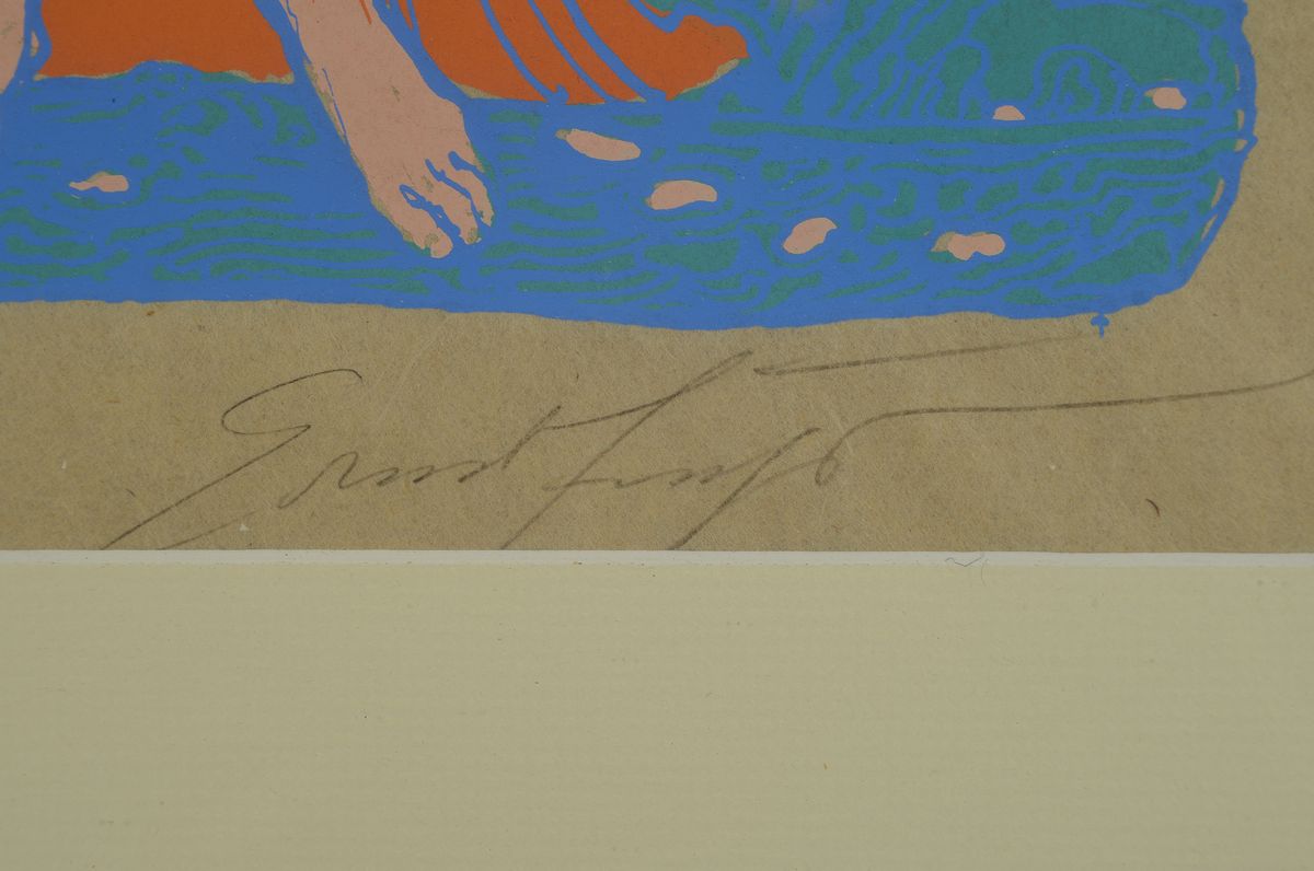 Detail c: Ernst Fuchs, 1930-2015, 4 Grafiken: Agnus Mysticus, 1519/5000, Folienprägung, 62 x 49 cm PP Ausschnitt, b. handsigniert, leicht gebräunt und ...