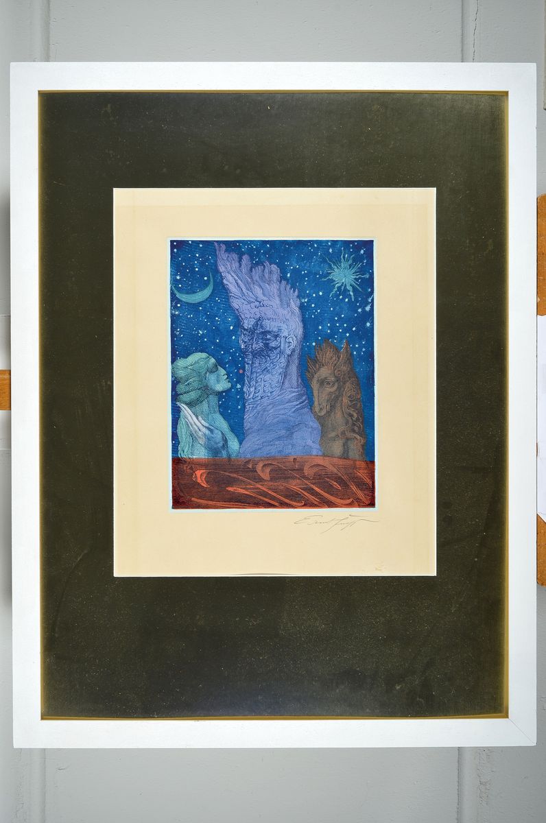 Detail k: Ernst Fuchs, 1930-2015, 4 Grafiken: Agnus Mysticus, 1519/5000, Folienprägung, 62 x 49 cm PP Ausschnitt, b. handsigniert, leicht gebräunt und ...