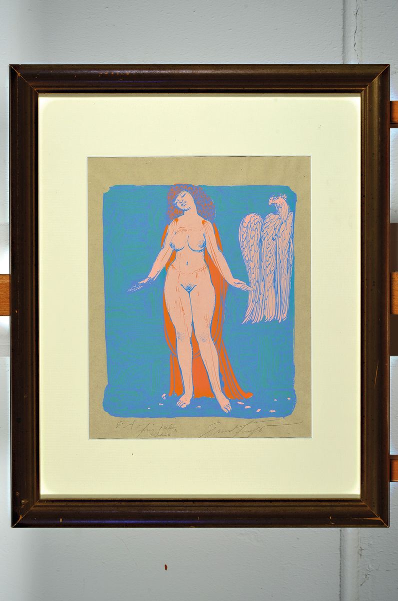 Detail m: Ernst Fuchs, 1930-2015, 4 Grafiken: Agnus Mysticus, 1519/5000, Folienprägung, 62 x 49 cm PP Ausschnitt, b. handsigniert, leicht gebräunt und ...