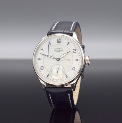 25999638b - ZENO WATCH Basel wristwatch with power reserve indicator, manual winding, reference 6274, stainless steel case, leather strap with buckle, white dial, on both sides glazed, monocoque case, calibre ETA/Unitas 6498-1, diameter approx. 44 mm, condition 1-2