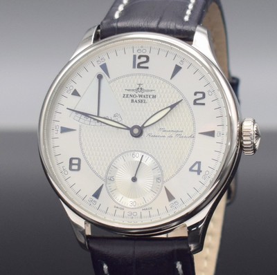 25999638c - ZENO WATCH Basel wristwatch with power reserve indicator, manual winding, reference 6274, stainless steel case, leather strap with buckle, white dial, on both sides glazed, monocoque case, calibre ETA/Unitas 6498-1, diameter approx. 44 mm, condition 1-2