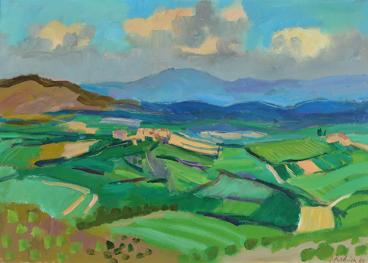 Heinz Friedrich, 1924 Schwetzingen-2018, südpfälzer Landschaft, Birkweiler, Öl/Lwd, klare flächige Farbigkeit, rechts unten sign. und datiert ...