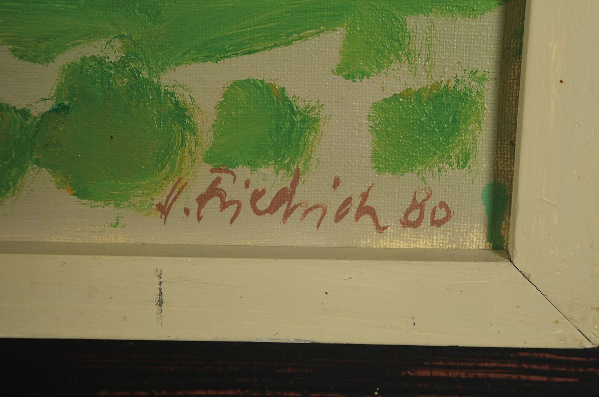 Detail a: Heinz Friedrich, 1924 Schwetzingen-2018, südpfälzer Landschaft, Birkweiler, Öl/Lwd, klare flächige Farbigkeit, rechts unten sign. und datiert ...