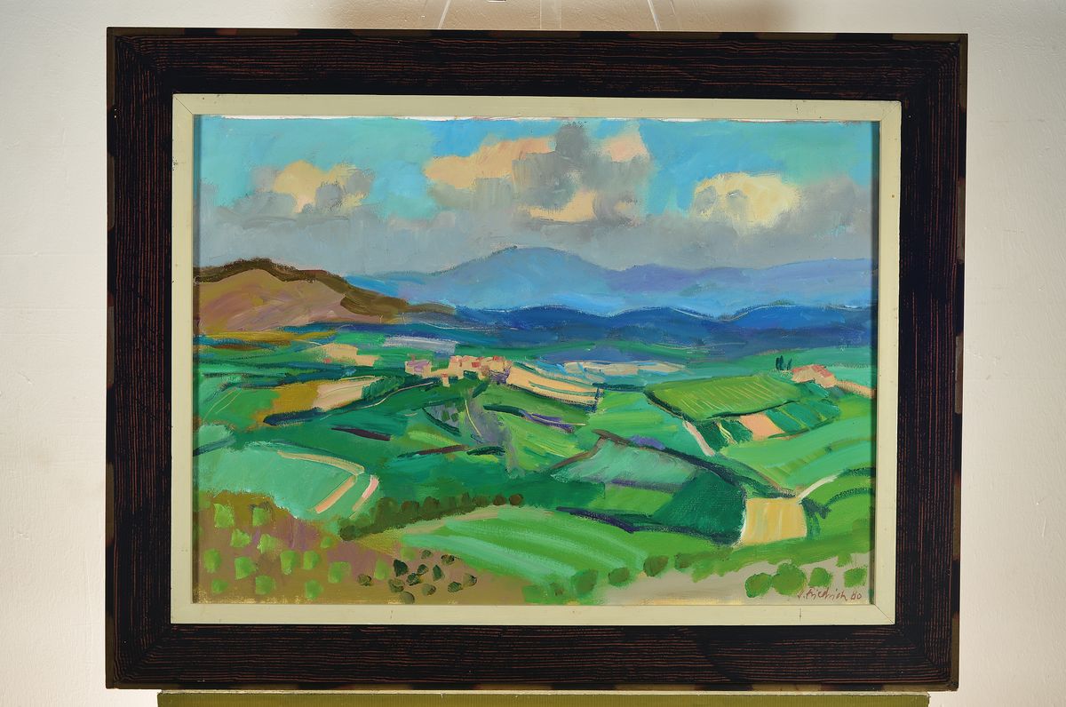 Detail k: Heinz Friedrich, 1924 Schwetzingen-2018, südpfälzer Landschaft, Birkweiler, Öl/Lwd, klare flächige Farbigkeit, rechts unten sign. und datiert ...
