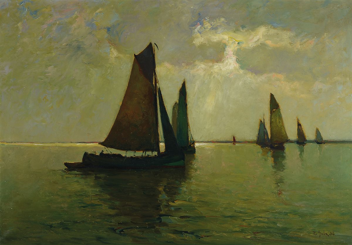 Rudolf Anton Guba, 1884-1950, Segelboote in der Dämmerung, Öl/Lwd, signiert, ca. 70 x 100 cm, Rahmen