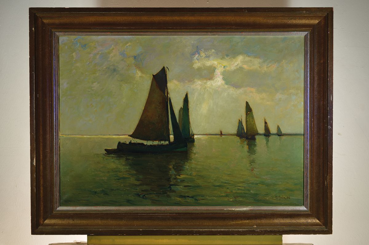 Detail k: Rudolf Anton Guba, 1884-1950, Segelboote in der Dämmerung, Öl/Lwd, signiert, ca. 70 x 100 cm, Rahmen