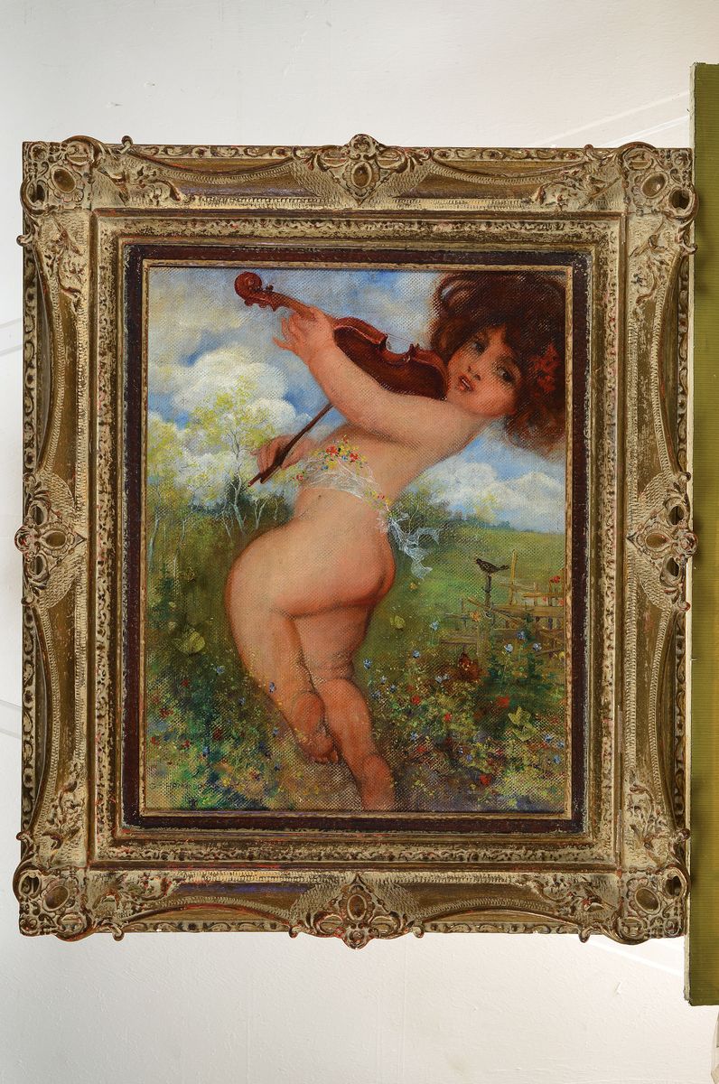 Detail k: Georg Hammerschmidt, Münchener Maler, um 1900, Geige spielende Flora, Öl/Malkarton, links unten signiert, ca. 46x37cm, R. ca. 65x55cm