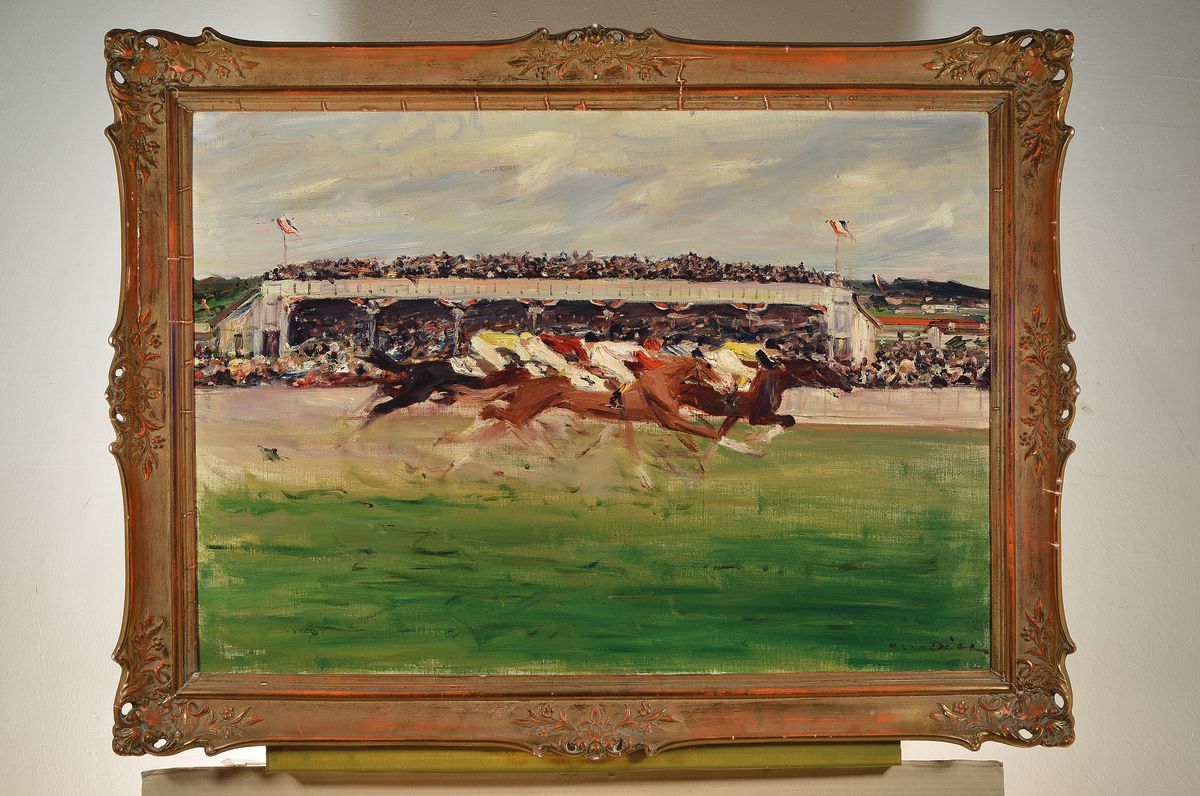 Detail k: Otto Dill, 1884 Neustadt-1957 Bad Dürkheim, Beim Pferderennen in Iffezheim, Öl/Lwd, rechts unten signiert, ca. 70x100cm, Rahmen ca. 86x 116cm, ...