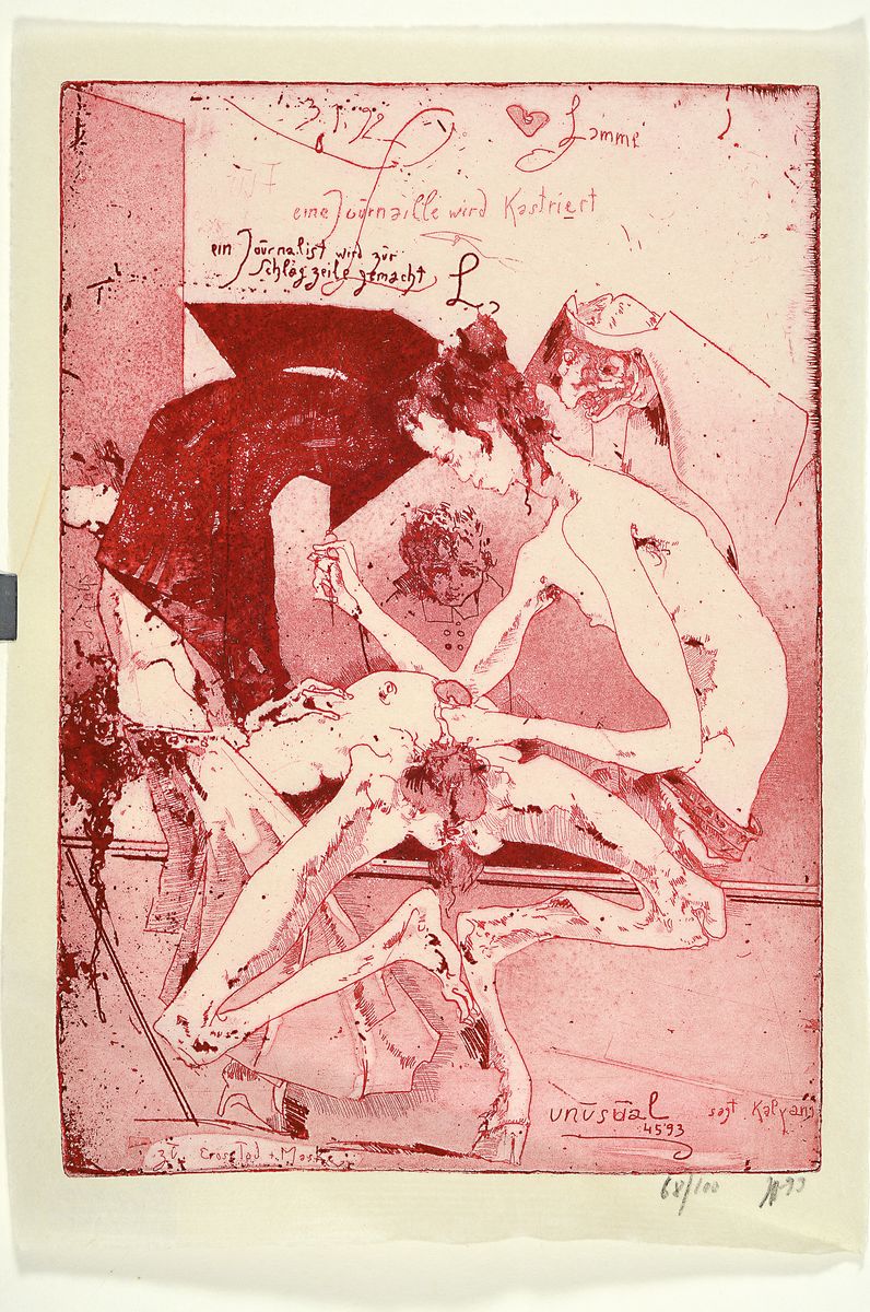Detail k: Horst Janssen, 1929-1995, eine Journaille wird kastriert, Radierung von 1993 auf Japanpapier, signiert, datiert und num. 68/100, ca. 33x23cm