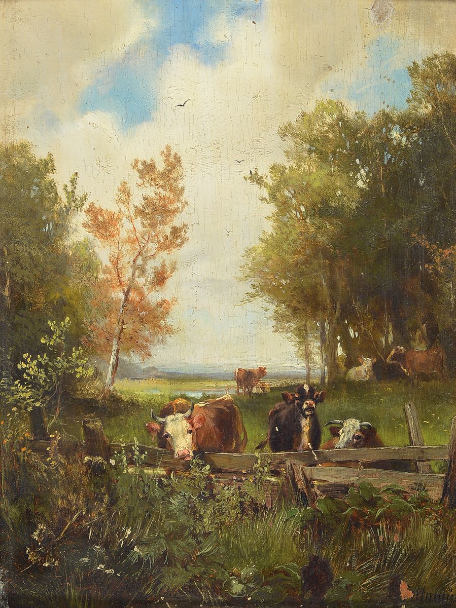 Ludwig Sellmayer, 1834-1901 München, Studium an der Akademie München, spezialisiert auf Landschafts- und Tiermalerei, hier: Kühe am Gatter, ...