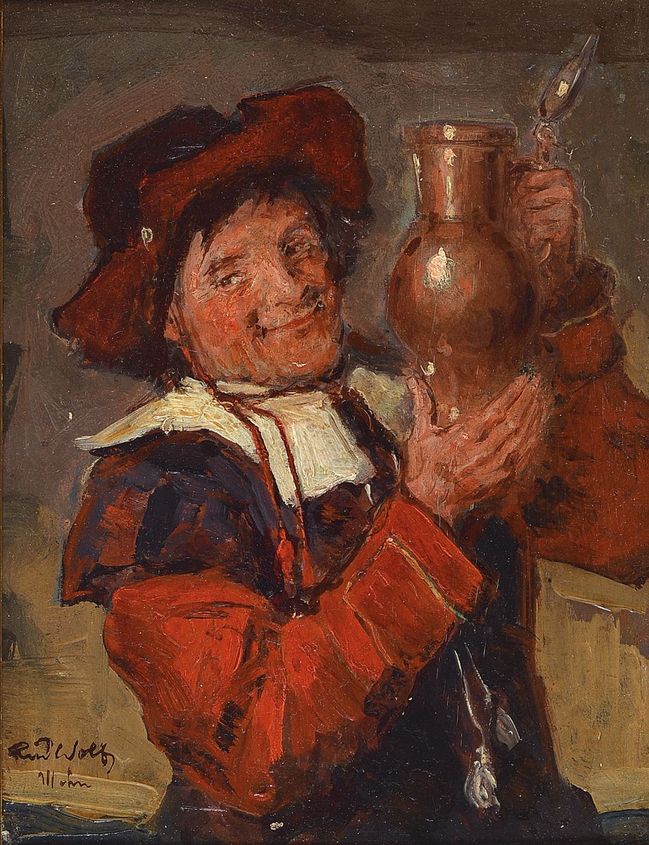 Rudolf Wolf, 1877 Leipzig-1940 München, "Ein frischer Trunk", rückseitig so betitelt, Öl/Holz, links unten signiert und bez. Mchn, ca. ...