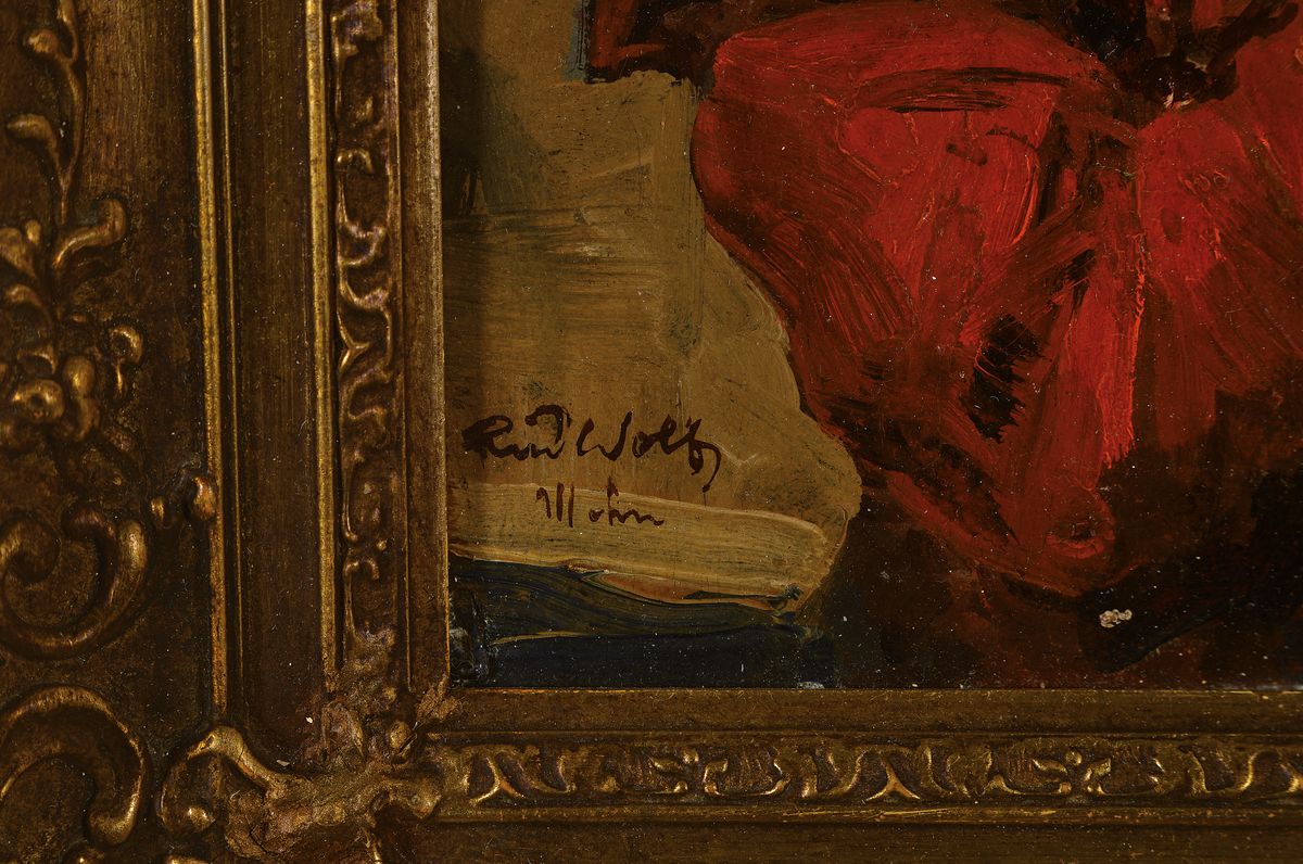Detail a: Rudolf Wolf, 1877 Leipzig-1940 München, "Ein frischer Trunk", rückseitig so betitelt, Öl/Holz, links unten signiert und bez. Mchn, ca. ...