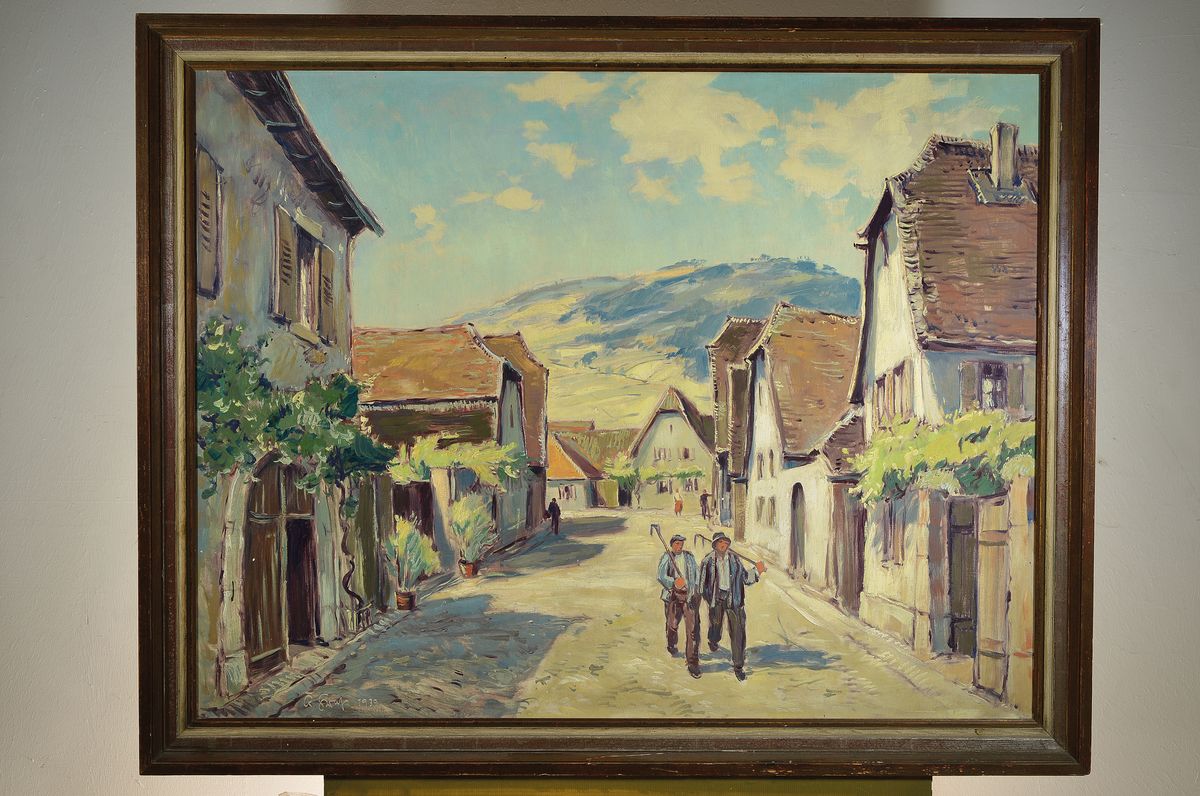 Detail k: Karl Graf, 1902-1986 Speyer, Blick in die Mandelgasse in Neustadt Haardt, Öl/Sperrholz, signiert, dat. 1939, ca. 85x110 cm, R. ca. 97x122cm