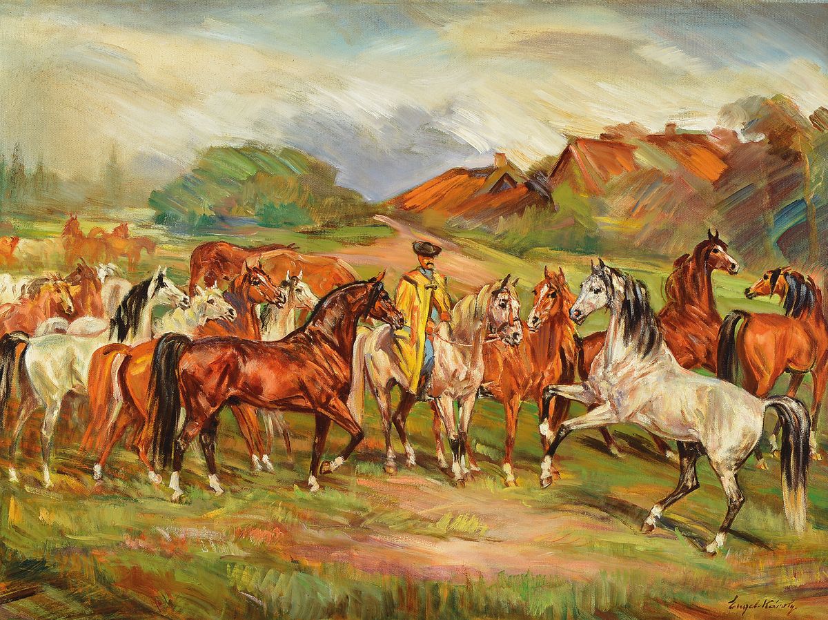 Karoly Engel, geb. 1917, Ungar mit seinen Pferden, Öl/Lwd, rechts unten signiert, ca. 60x80cm, R. ca. 74x94cm