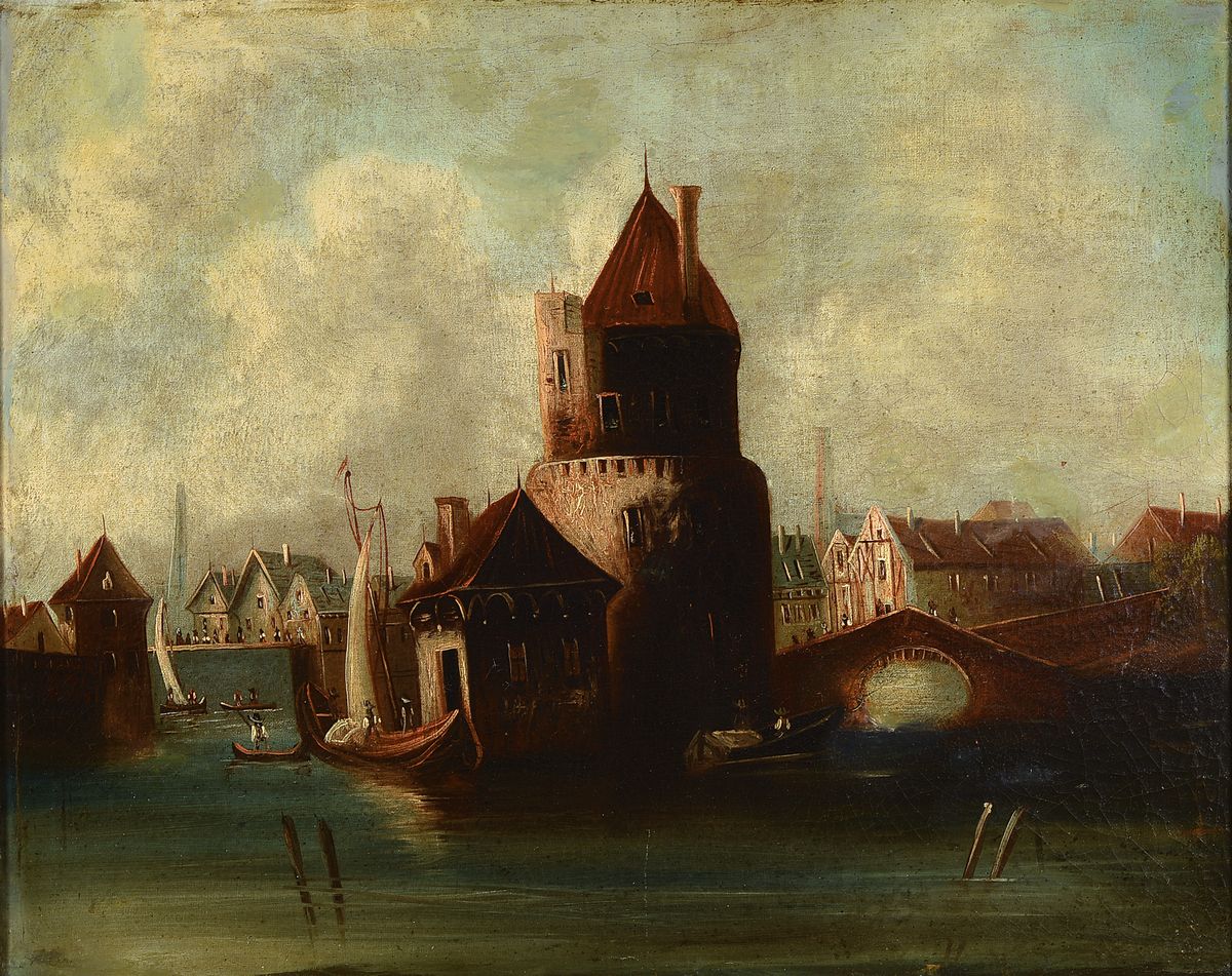 Absolon, niederländischer Künstler, 2. Hälfte 18. Jh., Blick auf einen Hafen, Öl/Lwd, rest., doubl., krakeliert, links unten signiert, ca. ...