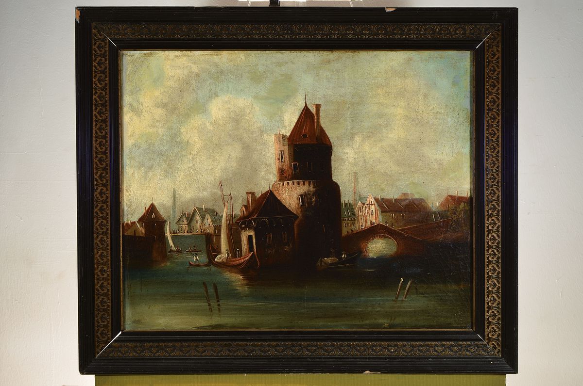 Detail k: Absolon, niederländischer Künstler, 2. Hälfte 18. Jh., Blick auf einen Hafen, Öl/Lwd, rest., doubl., krakeliert, links unten signiert, ca. ...