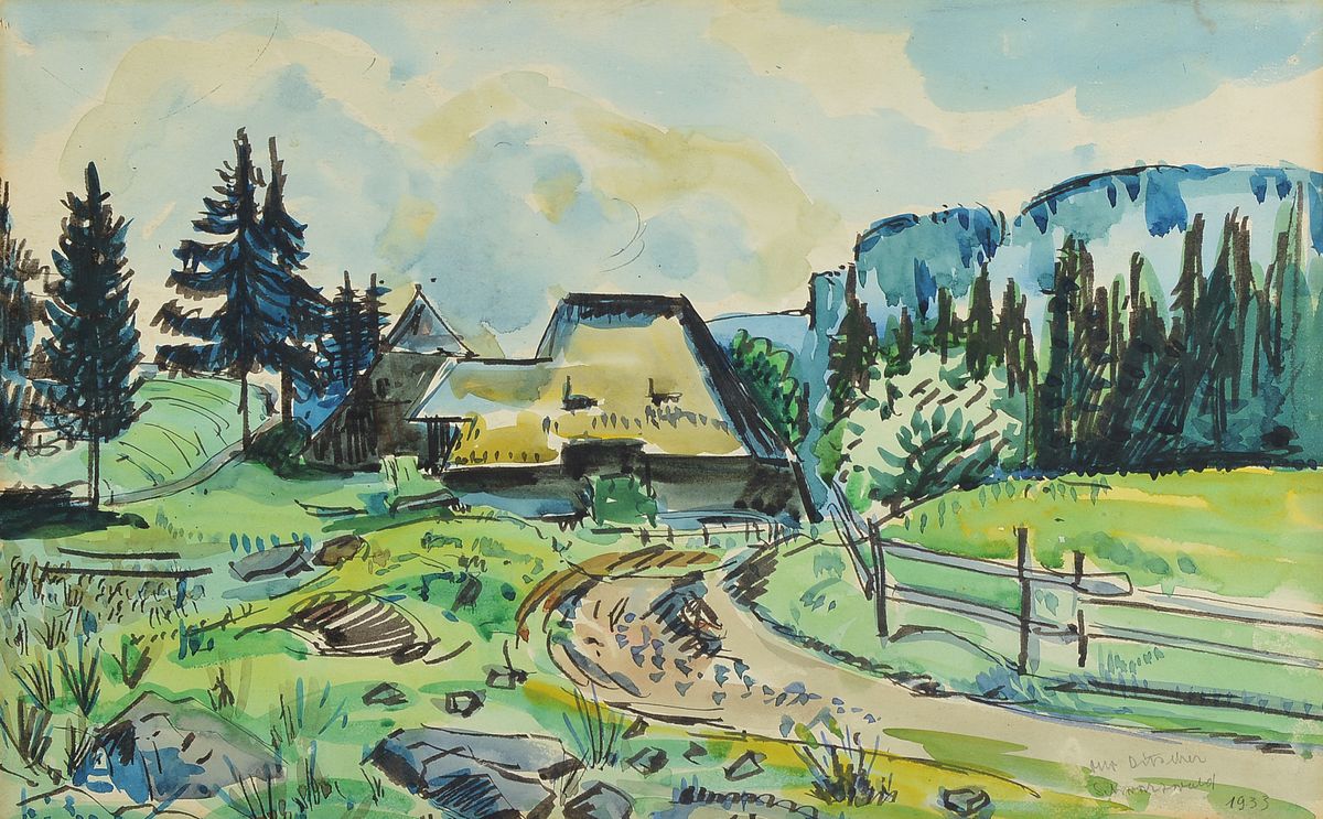 Otto Ditscher, 1903 Neuhofen-1987, Ansicht aus dem Schwarzwald, Gouache auf Papier, rechts unten signiert, bez.: Schwarzwald und dat. 1933, ca. ...