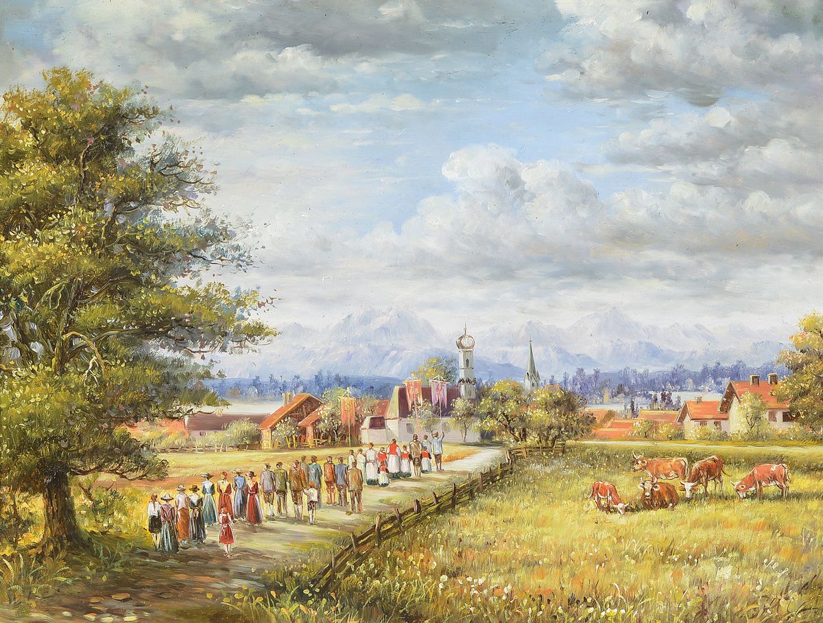 Embrahim Bajalanlou, zeitgen. Künstler aus Teheran, Prozession im Voralpenland, Öl/Holz, ca. 30x40cm, R.