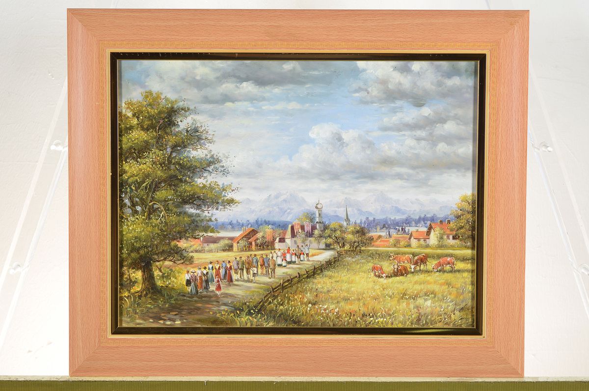 Detail k: Embrahim Bajalanlou, zeitgen. Künstler aus Teheran, Prozession im Voralpenland, Öl/Holz, ca. 30x40cm, R.