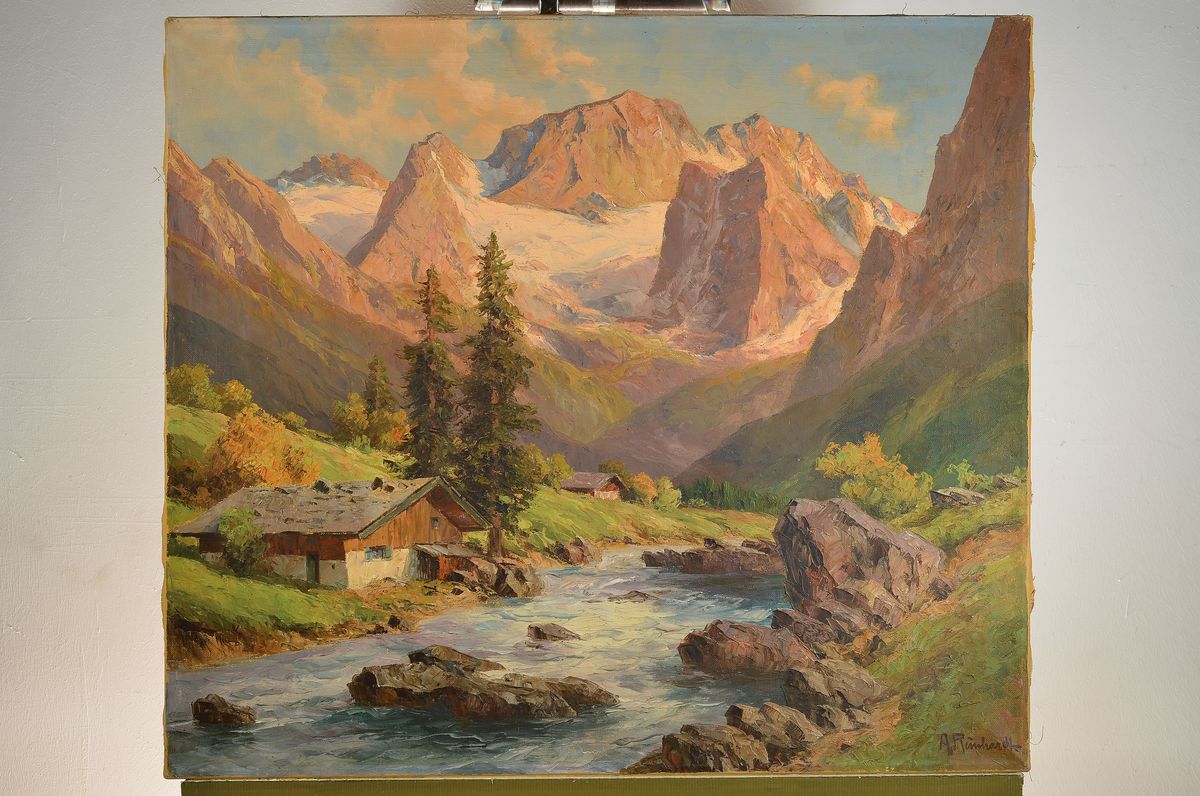 Detail k: Albert Leonhard Reinhardt, 1894-1949, Wildbach im Hochgebirge, Öl/Lwd, expressive Malweise, teils gespachtelt, rechts unten signiert, ca. 70x80cm