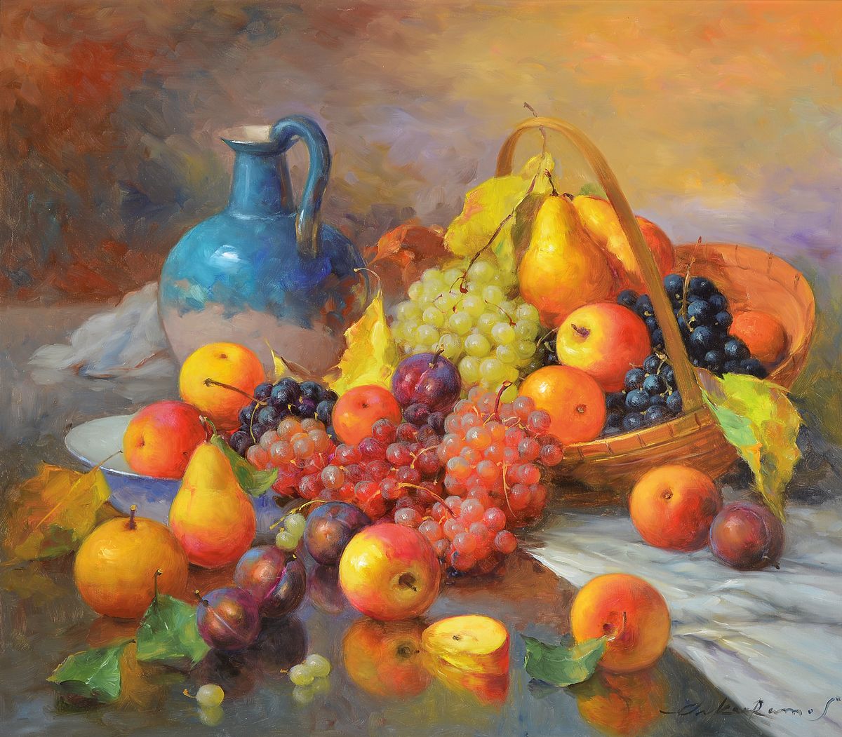 Oskar Ramos, geb. 1948, Stillleben mit Äpfeln, Trauben, Pflaumen, Birnen und blauem Tonkrug, Öl/Lwd, rechts unten signiert, ca. 70x80cm, R. ca. ...