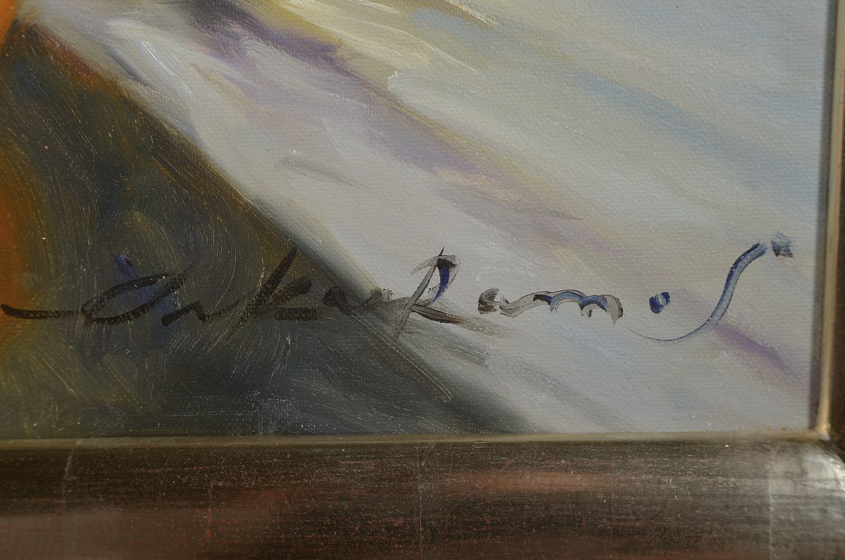 Detail a: Oskar Ramos, geb. 1948, Stillleben mit Äpfeln, Trauben, Pflaumen, Birnen und blauem Tonkrug, Öl/Lwd, rechts unten signiert, ca. 70x80cm, R. ca. ...