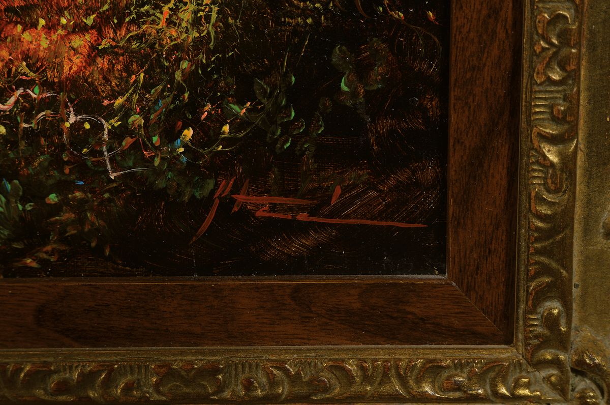 Detail a: Heinz Stienen, 1918-2002, idealisierte Landschaftsdarstellung im Stil der Romantiker, feine detaillierte Malerei mit großer Varianz in den Erd- und ...