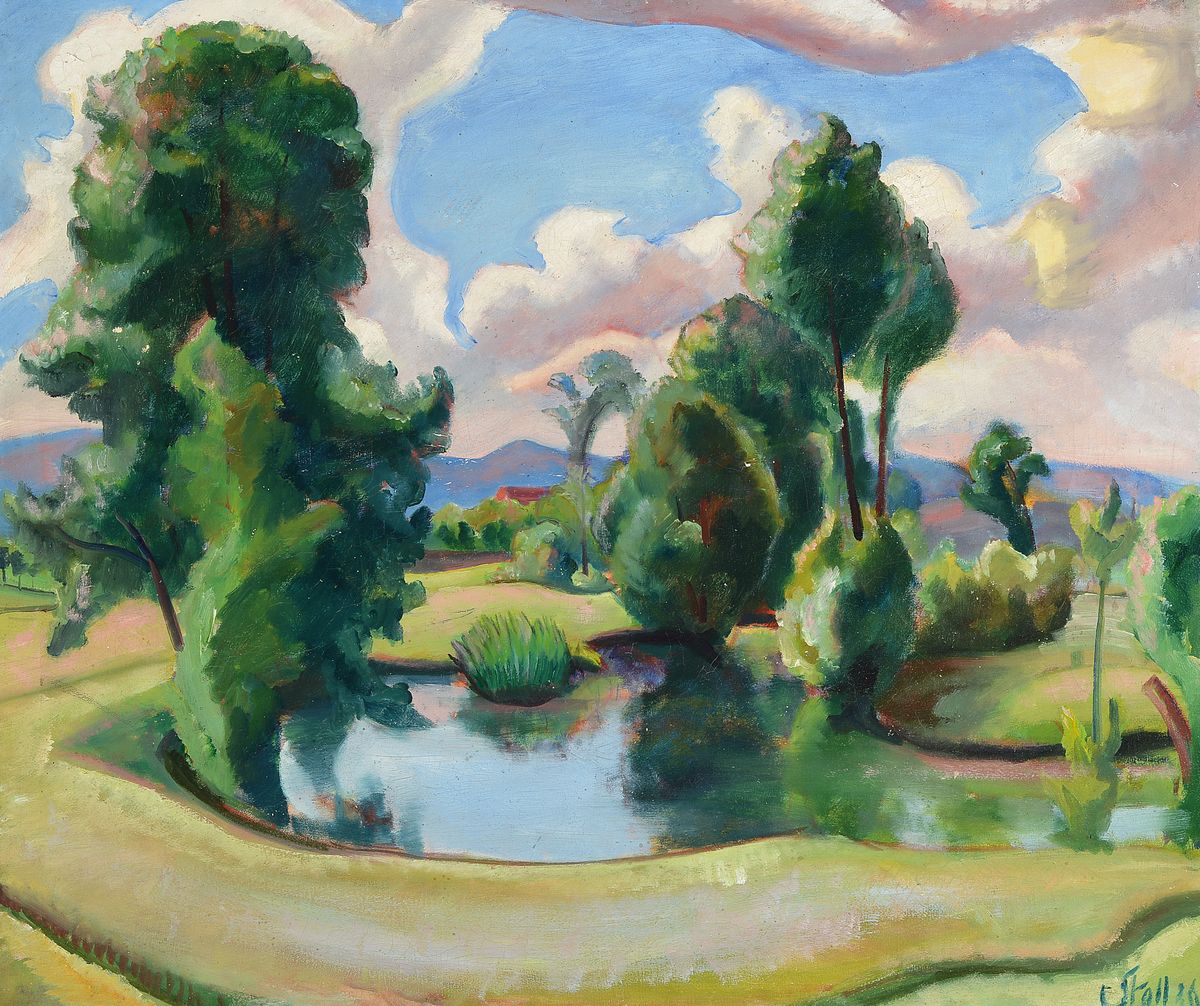 Eugen Stoll, 1895-1978 Ludwigshafen, Studium an der Akademie Karlsruhe bei Albert Haueisen, hier: "Ein Sonnentag", rückseitig so betitelt, ...
