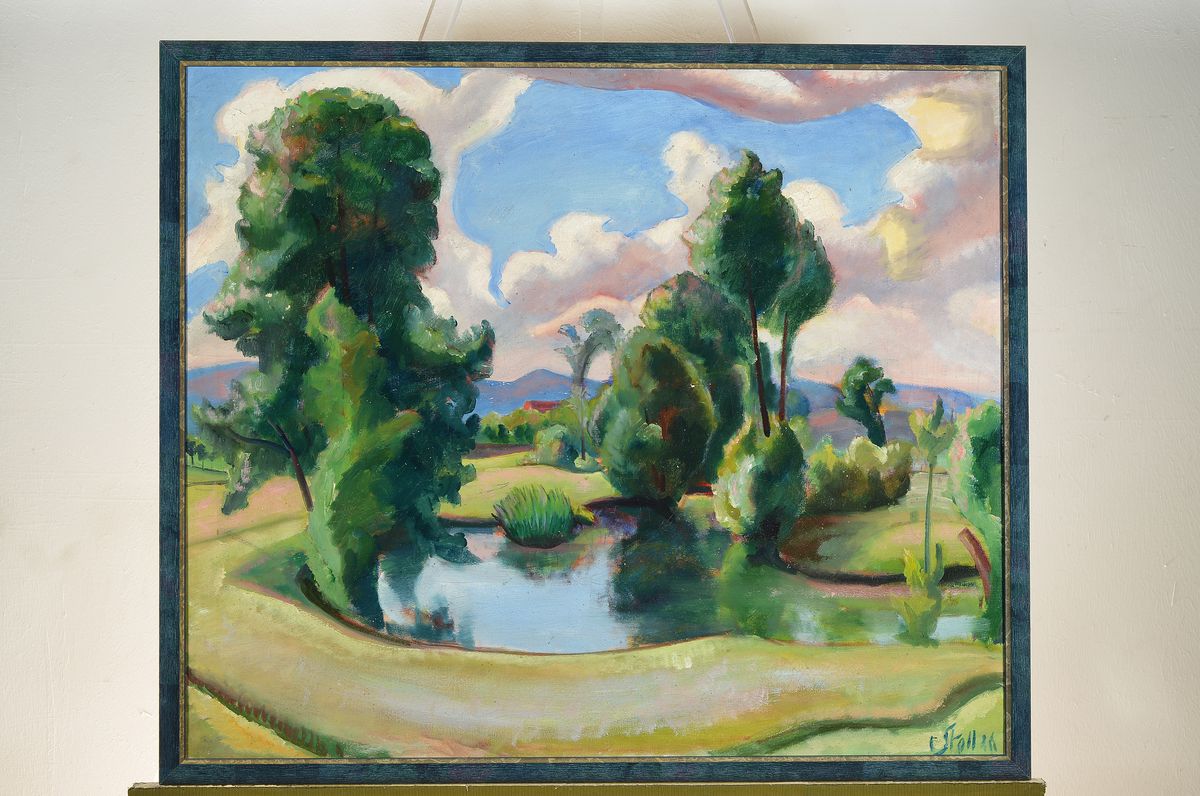 Detail k: Eugen Stoll, 1895-1978 Ludwigshafen, Studium an der Akademie Karlsruhe bei Albert Haueisen, hier: "Ein Sonnentag", rückseitig so betitelt, ...
