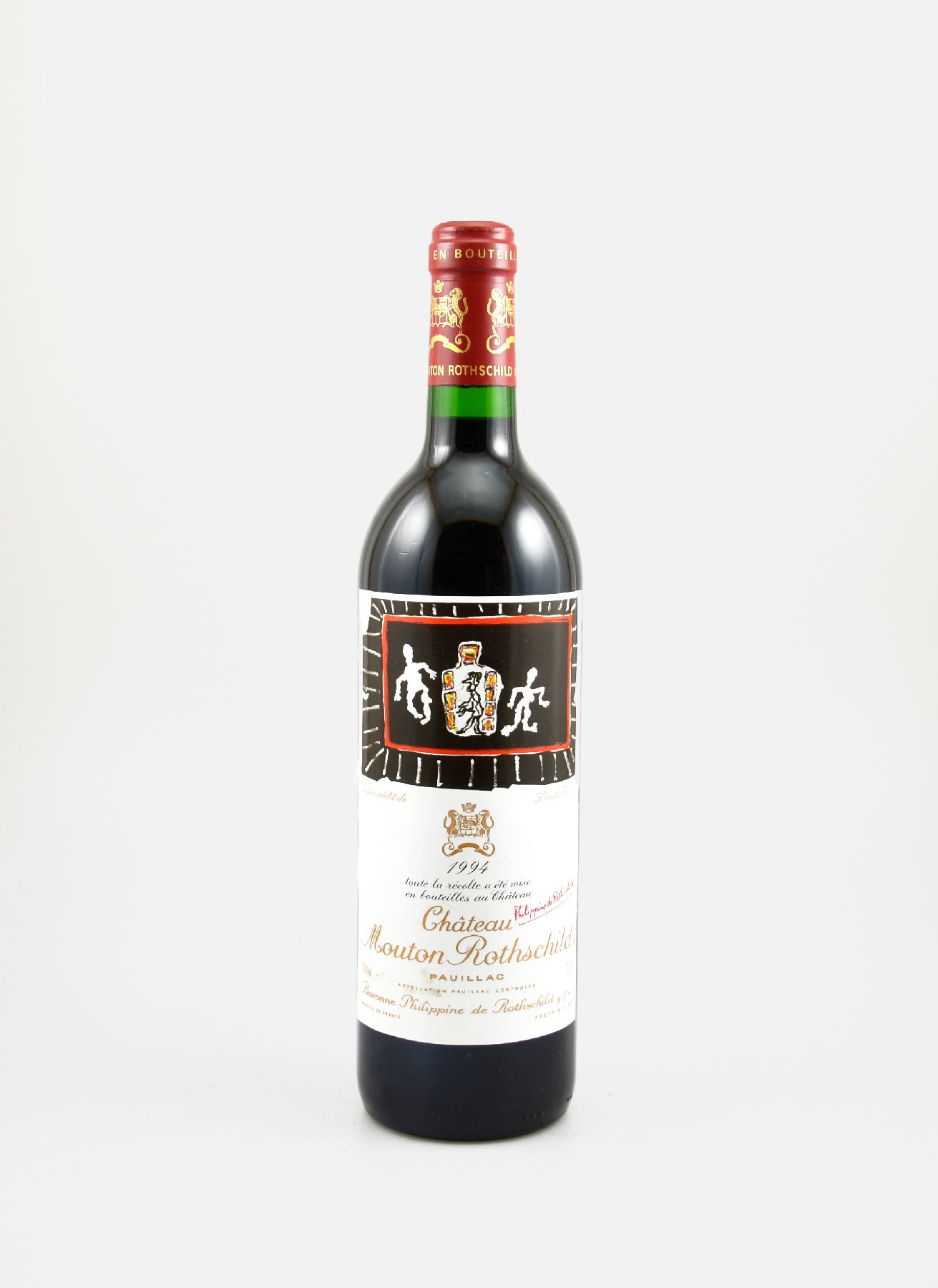 1 Flasche 1994 Chateau Mouton Rothschild, Pauillac, Premier Grand Cru Classe, ca. 75 cl, 12,5 % Vol., Füllstand: into neck, Etikett l. beschmutzt, ...
