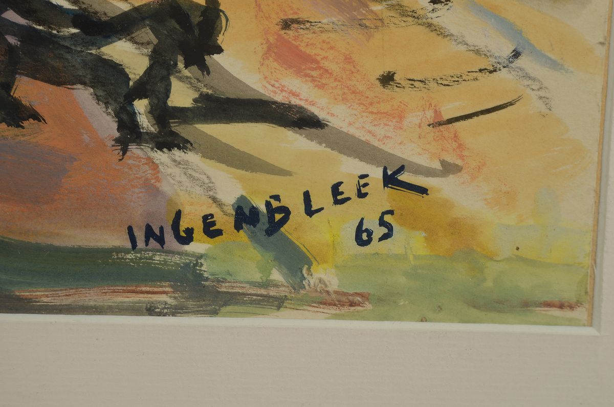 Detail a: Armand Ingenbleek, 1896-1971, Dorfszene mit Personenstaffage, Gouachemalerei auf Papier, rechts unten signiert und datiert (19)65, Passepartout, ...
