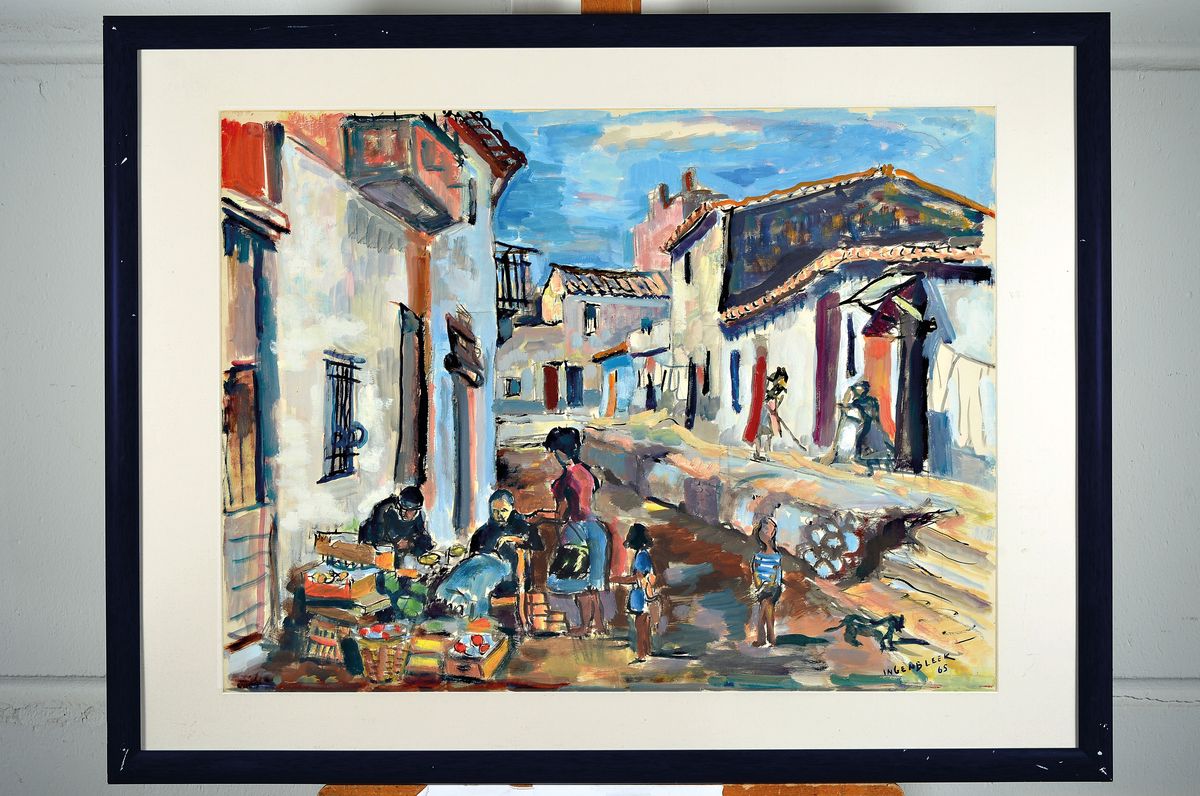 Detail k: Armand Ingenbleek, 1896-1971, Dorfszene mit Personenstaffage, Gouachemalerei auf Papier, rechts unten signiert und datiert (19)65, Passepartout, ...