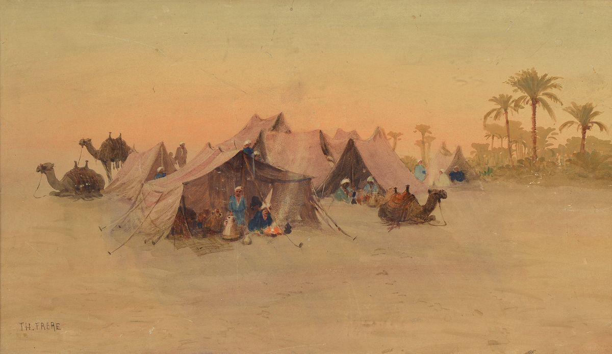 Theodore Frere, 1814-1888 Paris, Beduinenlager am Rande einer Oase, Aquarell/ Papier, sehr gut getroffene Morgenstimmung, leichte Altersspuren, ...