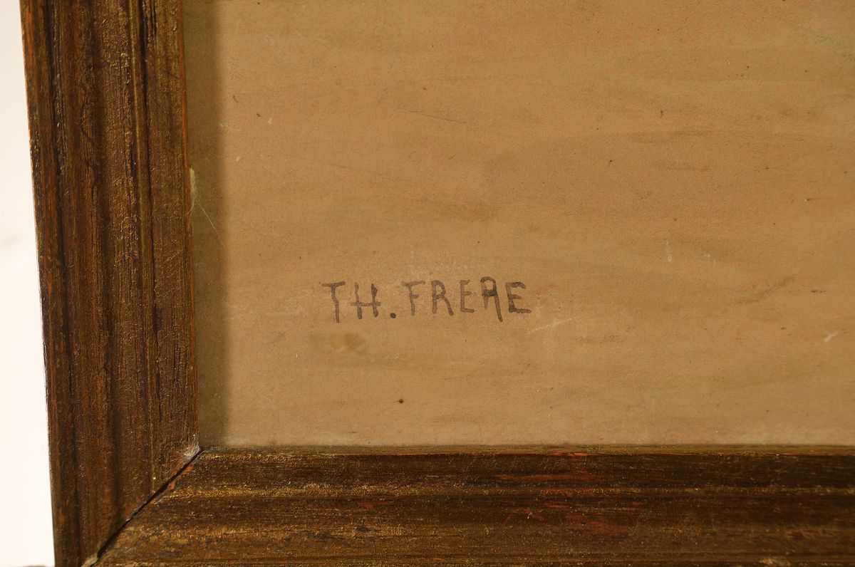Detail a: Theodore Frere, 1814-1888 Paris, Beduinenlager am Rande einer Oase, Aquarell/ Papier, sehr gut getroffene Morgenstimmung, leichte Altersspuren, ...