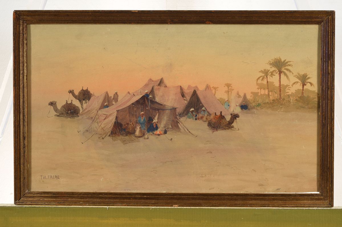Detail k: Theodore Frere, 1814-1888 Paris, Beduinenlager am Rande einer Oase, Aquarell/ Papier, sehr gut getroffene Morgenstimmung, leichte Altersspuren, ...