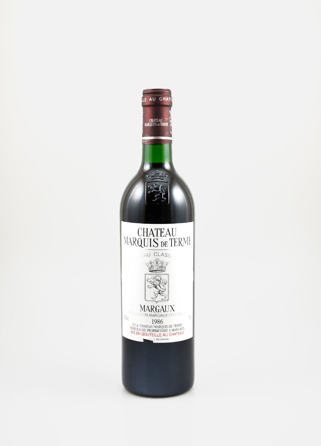 1 Flasche 1986 Chateau Marquis de Terme, Margaux, Grand Cru Classe, ca. 75 cl, 12 % Vol., Füllstand: ca. into neck, Etikett l. besch., unverkostet, ...