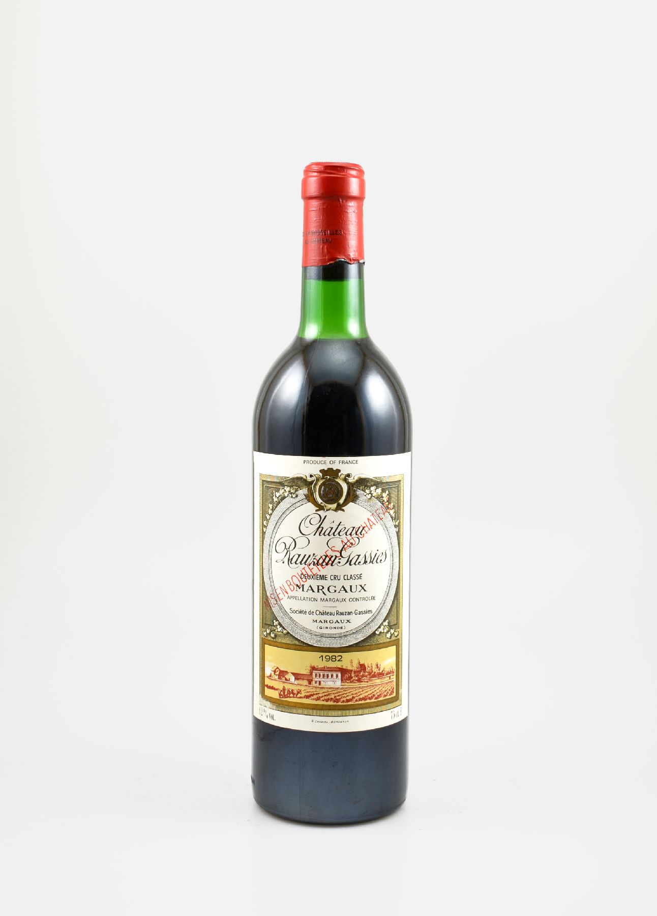 1 Flasche 1982 Chateau Rauzan-Gassies, Margaux, Grand Cru Classe, ca. 75 cl, 12 % Vol., Füllstand: ca. top shoulder, guter Erhaltungszustand, ...