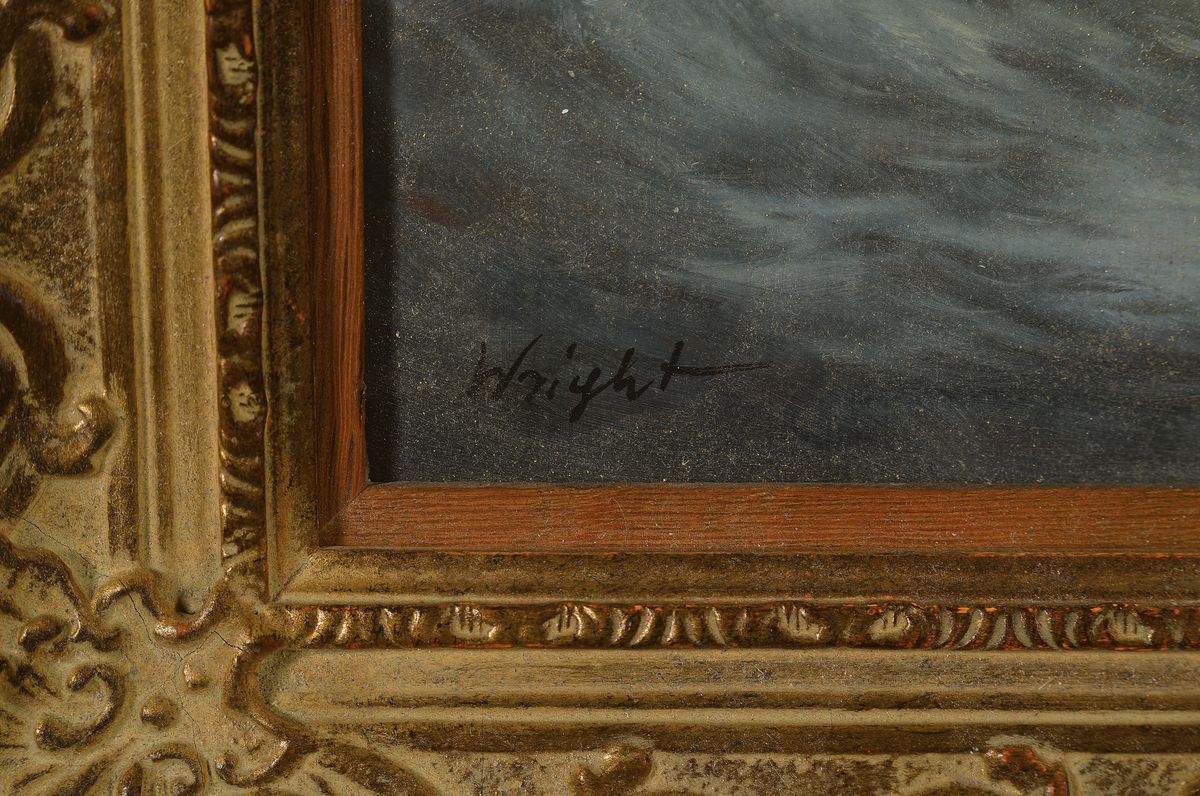 Detail a: Leslie Wright, geb. 1912 Dover, Studium in London, hier: Segelschiff auf ruhiger See, Öl/Holz, signiert, ca. 25x50cm, R. ca. 38x61cm