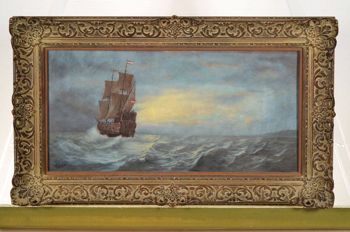 Detail k: Leslie Wright, geb. 1912 Dover, Studium in London, hier: Segelschiff auf ruhiger See, Öl/Holz, signiert, ca. 25x50cm, R. ca. 38x61cm