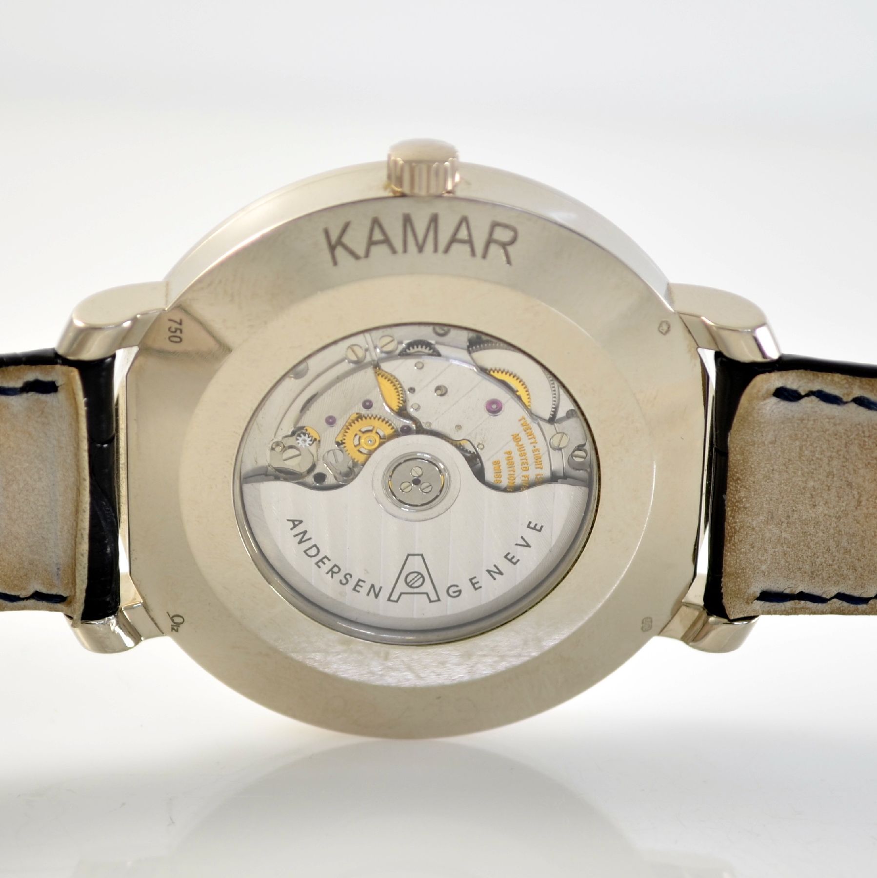 Detail i: ANDERSEN GENEVE Kamar ausgefallene Herrenarmbanduhr mit Mondphase in WG 750/000, Schweiz um 2010, Automatik, massives beids. vergl. ...