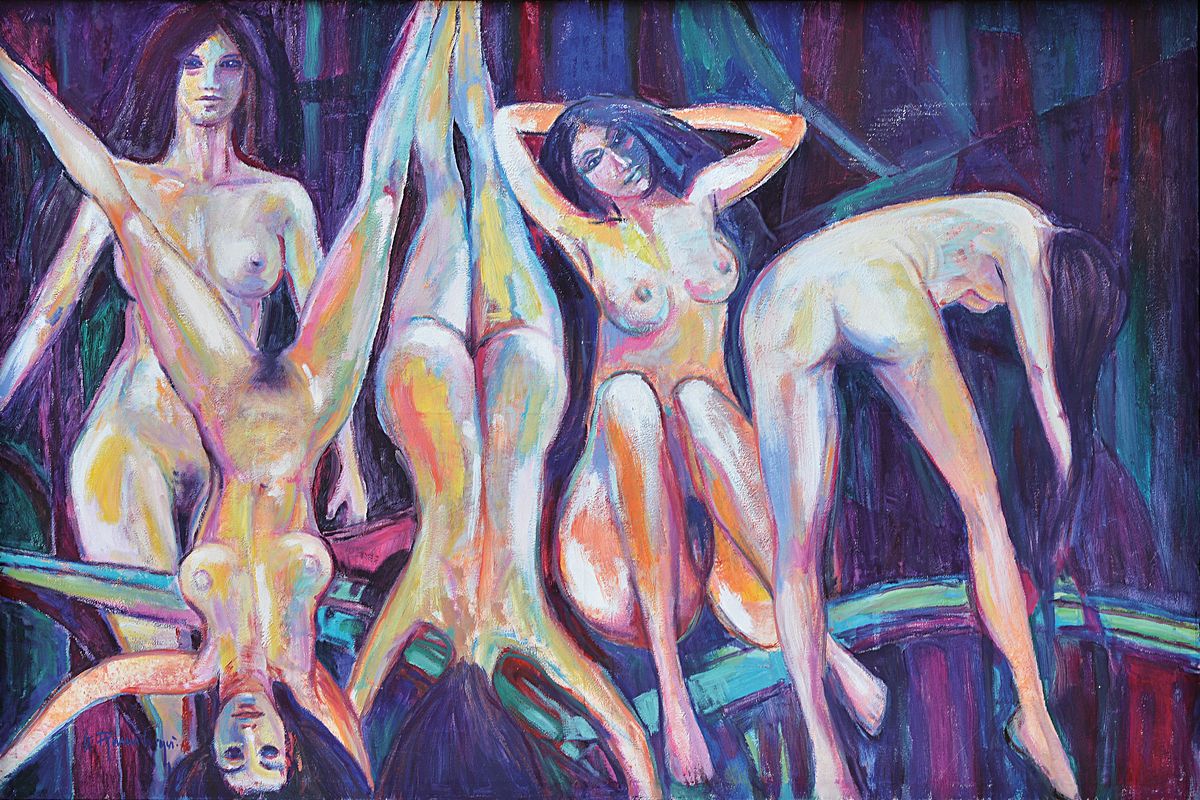 Gernot Rasenberger, geb. 1943 Frankfurt/M., Studium an der Düsseldorfer Akademie, Hier: Acryl/Lwd, 5 weibliche Akte, sign., ca. 140x200 cm